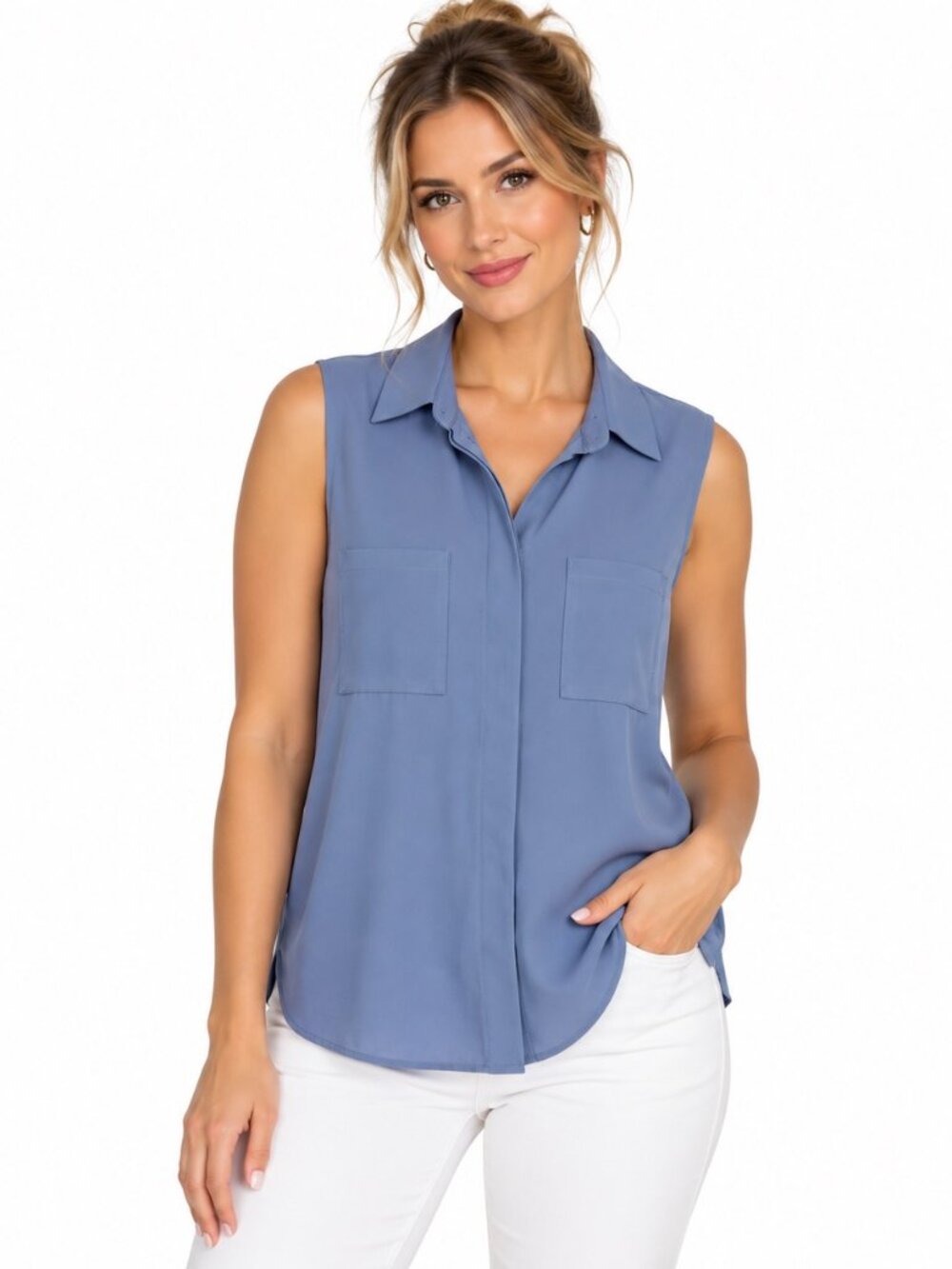 Mango Women's 6 Blue Sleeveless Button Front Blouse Collared Utility Pocket Top